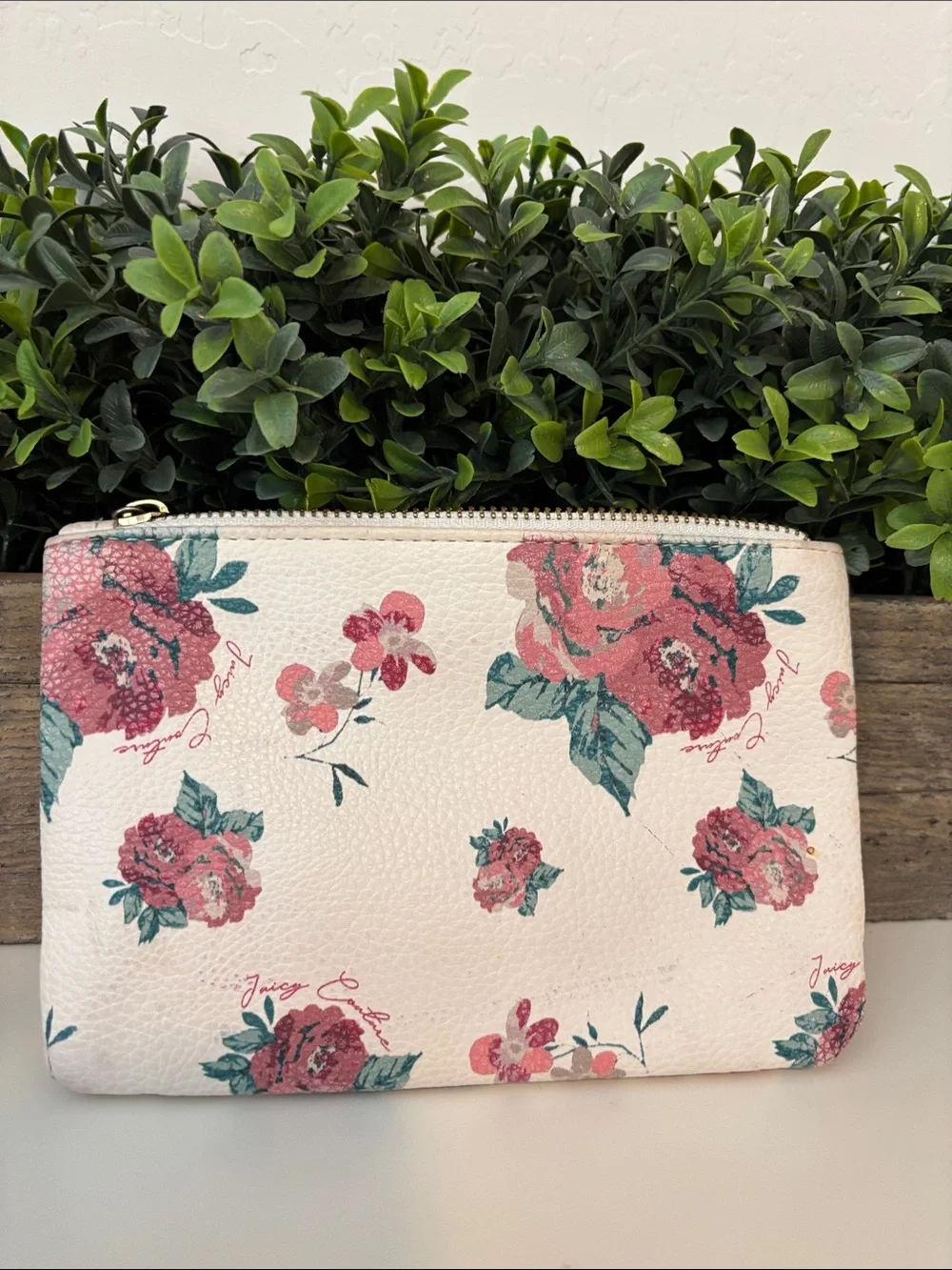 Juicy Couture White Cosmetic Pouch with Pink Floral Print